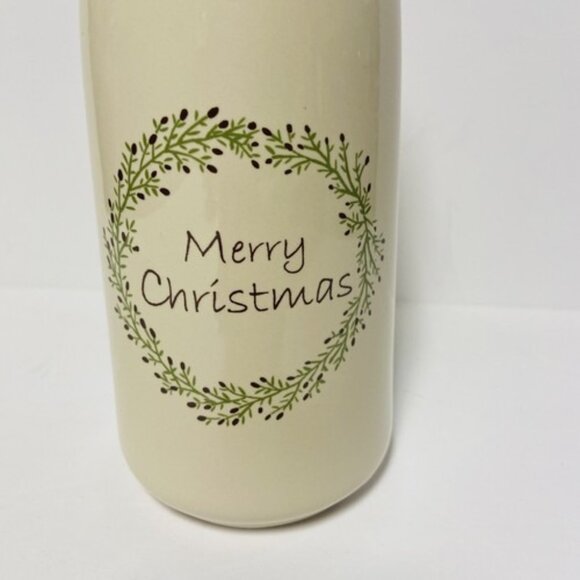 Merry Christmas Milk Bottle Carafe Vase Cottage Grandma Decor 9 in Ceramic - Picture 2 of 10